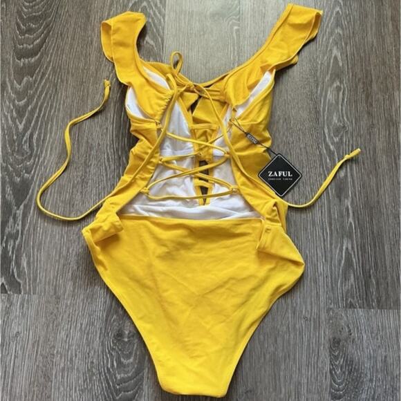 NWT Zaful Yellow Lace-Up Ruffle One Piece Swimsuit‎ Beach Bodysuit Size 12 - Picture 2 of 7
